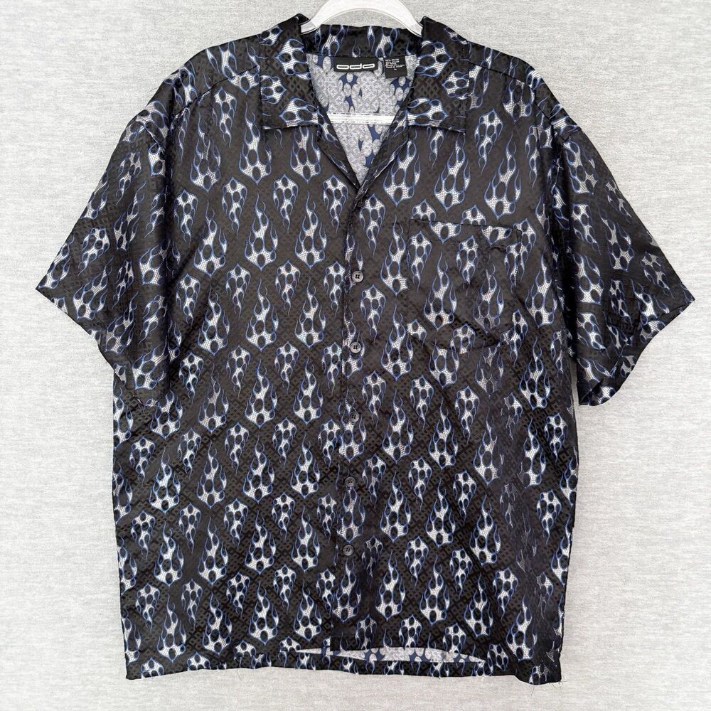 VTG ODO Button Shirt Men Large Flame Print‎ Metallic Y2K Raver Cyber Grunge Punk
